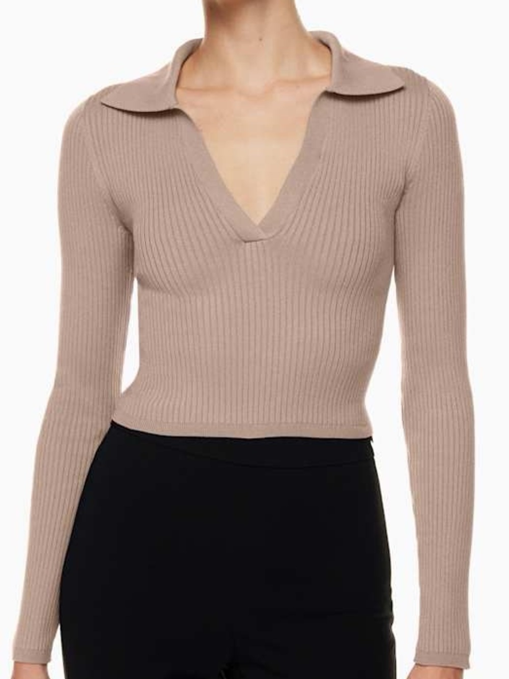 Babaton - Sculpt Knit Polo Longsleeve in Warm Taupe (Aritzia)